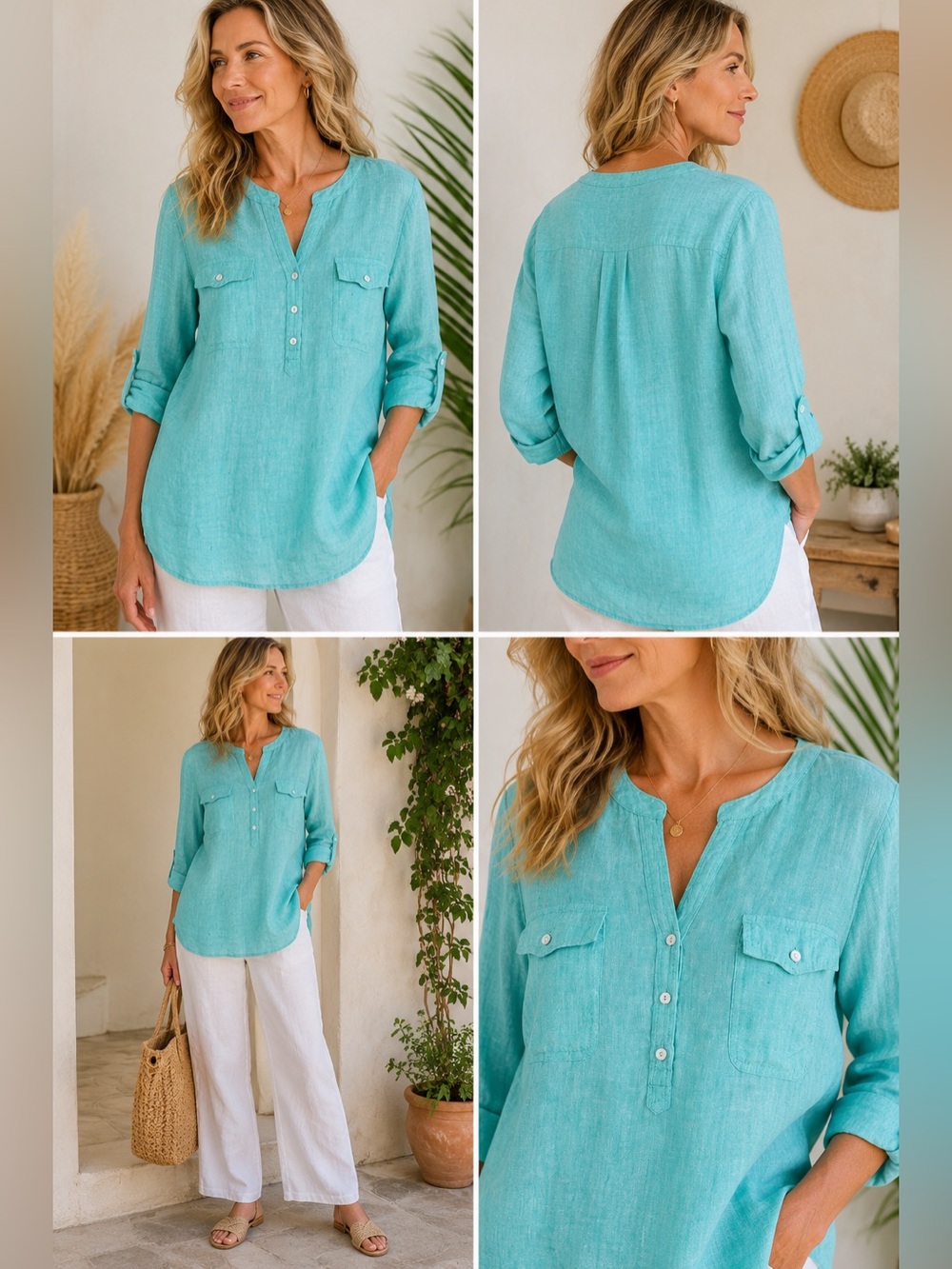 Talbots Aqua 100% Linen Tunic Top XL Coastal Resort Lagenlook Boho Beach Chic